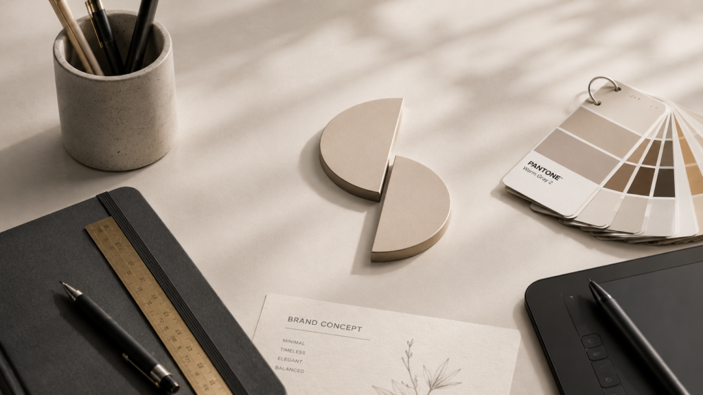 A minimalist set of professional design tools and a color palette swatch next to a stylized logo shape, creative workspace vibe, soft neutral tones, high-quality 3D render.