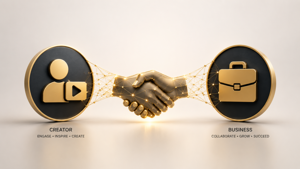 An abstract 3D representation of a handshake connecting a social media creator icon and a corporate briefcase icon, interconnected gold lines, minimalist, clean background.