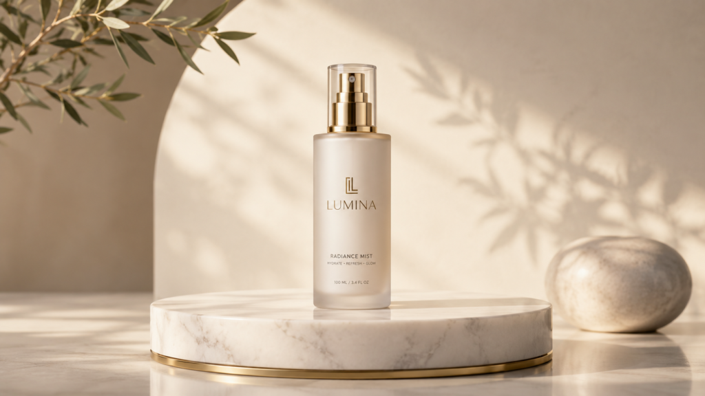 A luxury product mockup standing on a marble podium, minimalist branding, soft sunlight, high-end commercial aesthetic, clean background.