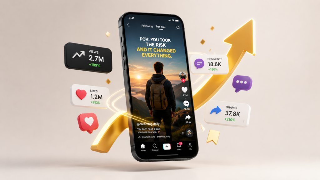 A floating smartphone screen showing a viral video trend with dynamic rising arrows and engagement icons, vibrant energy, minimalist 3D render.
