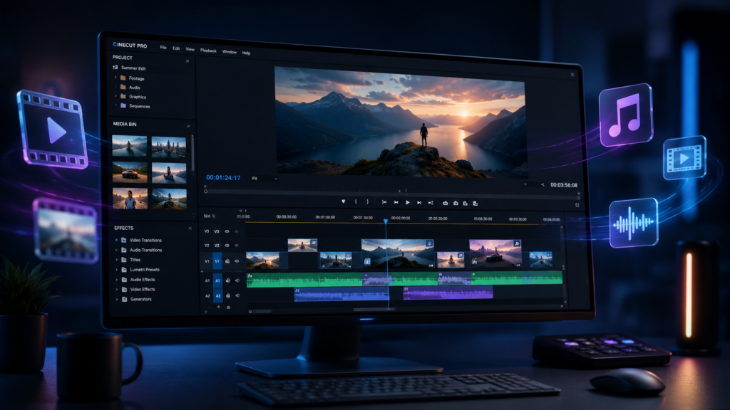A sleek, professional editing timeline on a high-tech monitor, cinematic lighting, floating icons of film clips and music notes, minimalist 3D render, dark tech aesthetic