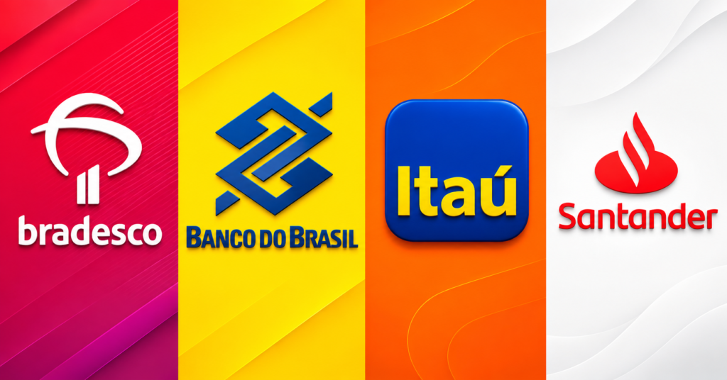 Logo dos bancos Bradesco, Banco do Brasil, Itaú e Santader lado a lado. Todos os grandes bancos brasileiros.