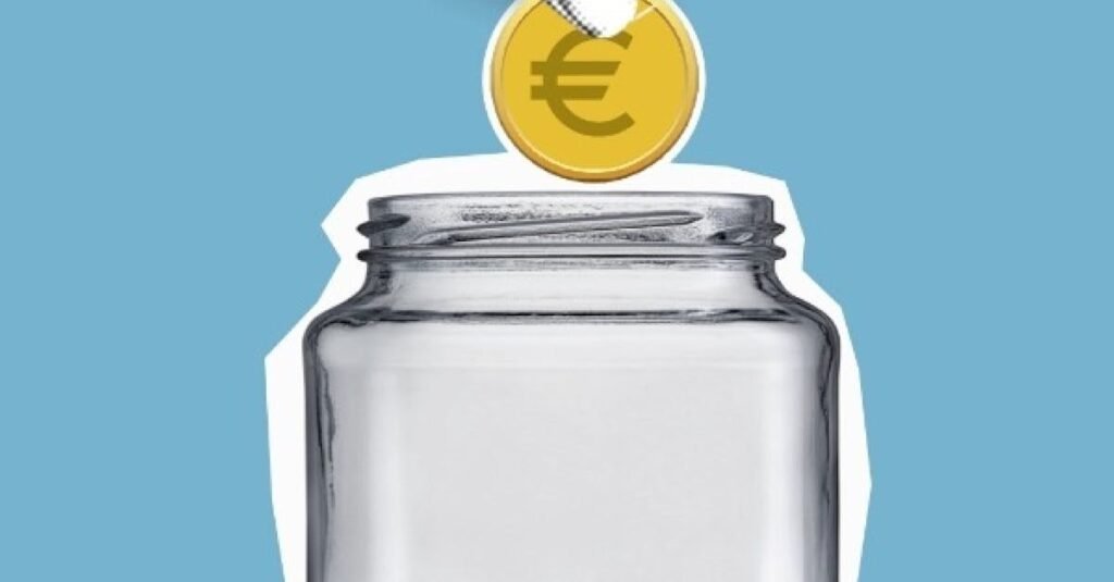 Illustration of crop cutout person hand putting coin into saving glass money box on blue background
