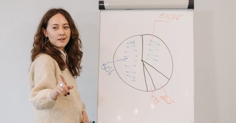 Woman explaining a chart on a whiteboard, showcasing teaching and presentation skills in a classroom setting.